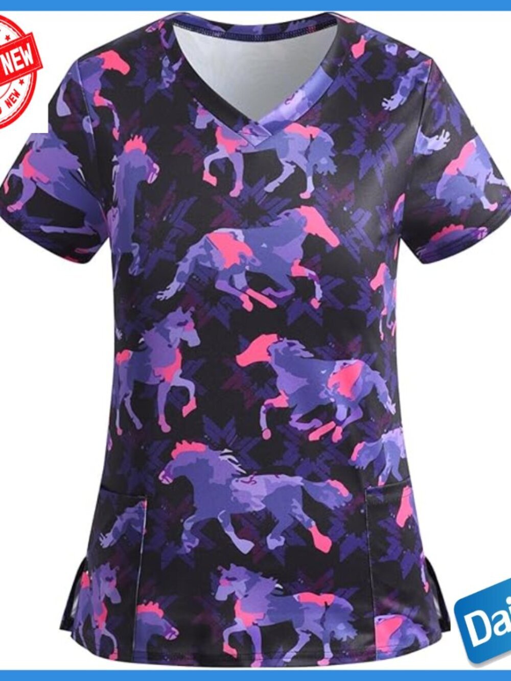 Women's V-Neck Short Sleeve Stretch Scrub Top with Pockets Animal Print